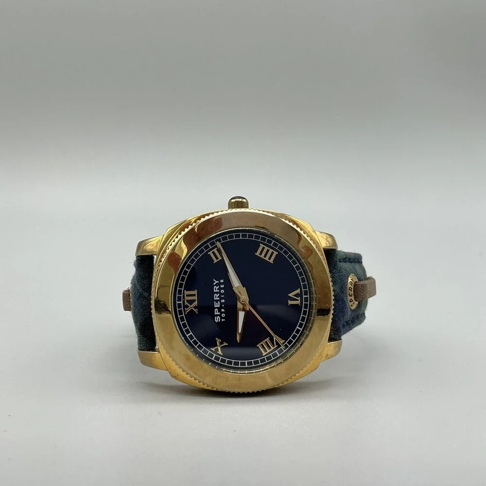 Sperry Top-Sider Mens Watch 38mm Blue Dial Gold Tone Plaid Strap New Battery
